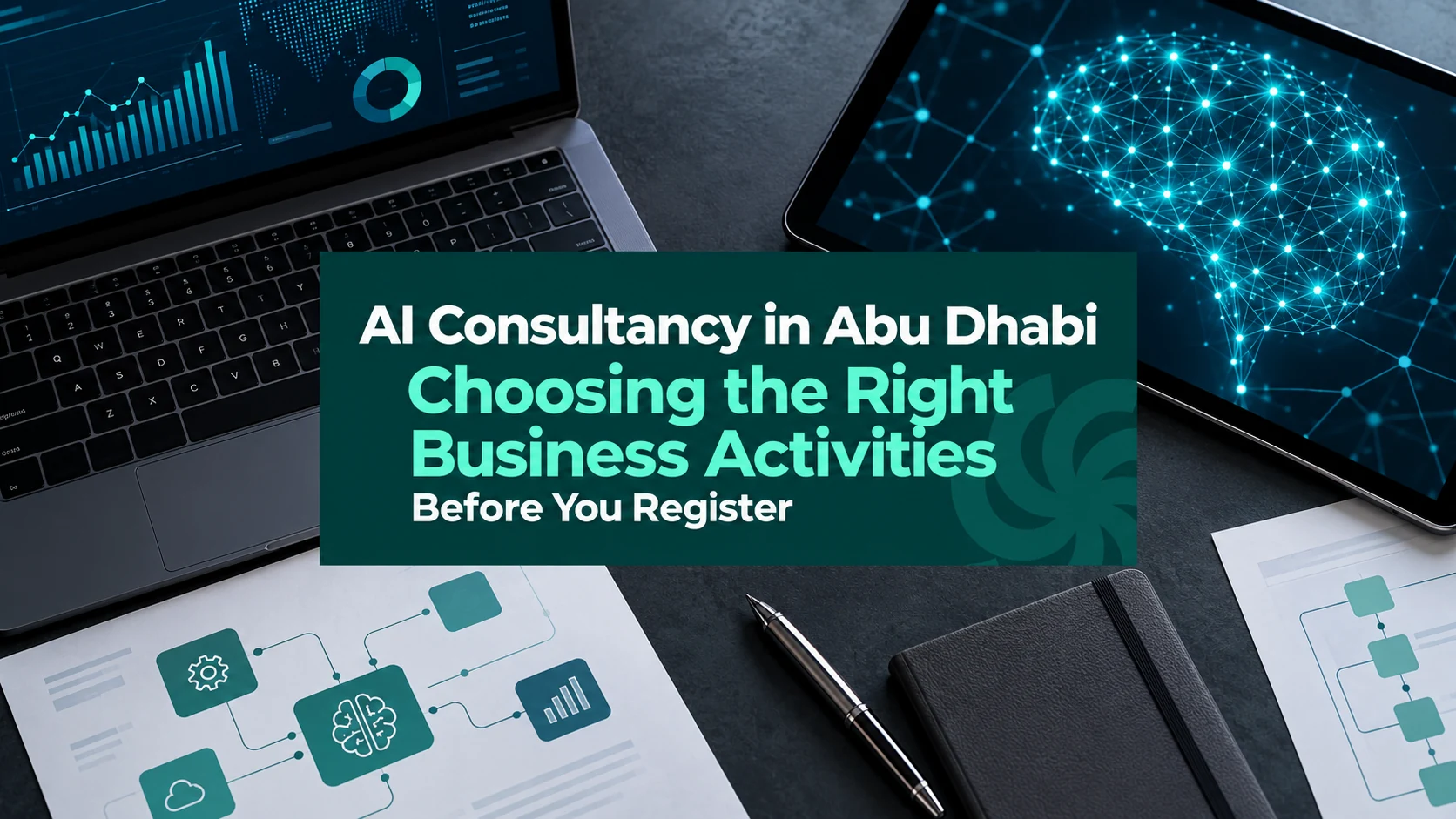AI consultancy in Abu Dhabi: choosing the right business activities before you register, with an AI planning workspace, laptop and neural-network display